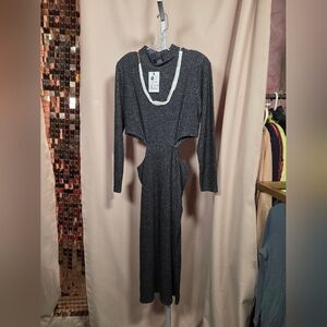 NWT Desigual Grey Metallic Cut Out Dress w Built in Necklace Size Large